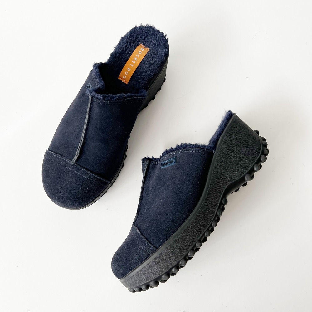Rocket Dog Platform Clogs Mules Navy Blue Suede Fuzzy Trim Y2K Chunky Size 10